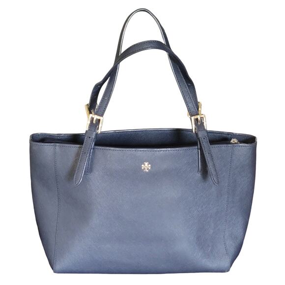 Tory‎ Burch Saffiano Leather Buckle Tote Bag Carryall  Navy - Picture 1 of 8